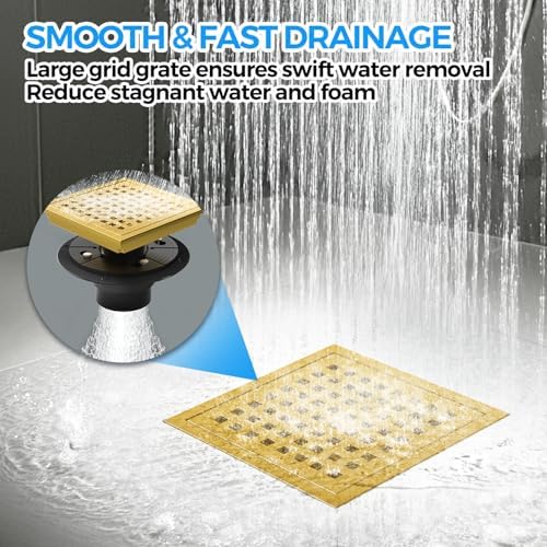 Zaa 6 Inch Square Shower Drain with Flange and Hair Strainer
