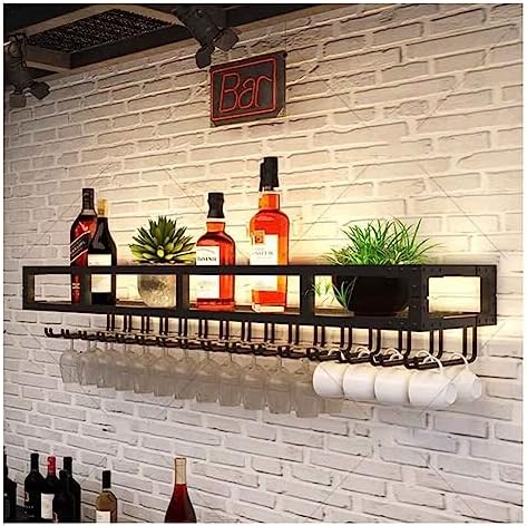 Wall Mounted Wine Rack with LED and Glass Holder - Black