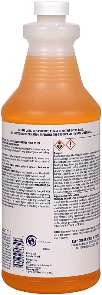 Zep Big Orange-E Citrus Industrial Degreaser 1 Quart Case of 12