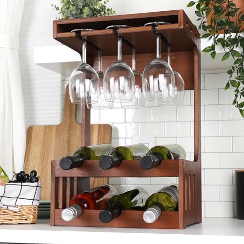 Mind Reader Wall-Mounted Wine Rack with Glasses 6-Bottle Capacity Brown