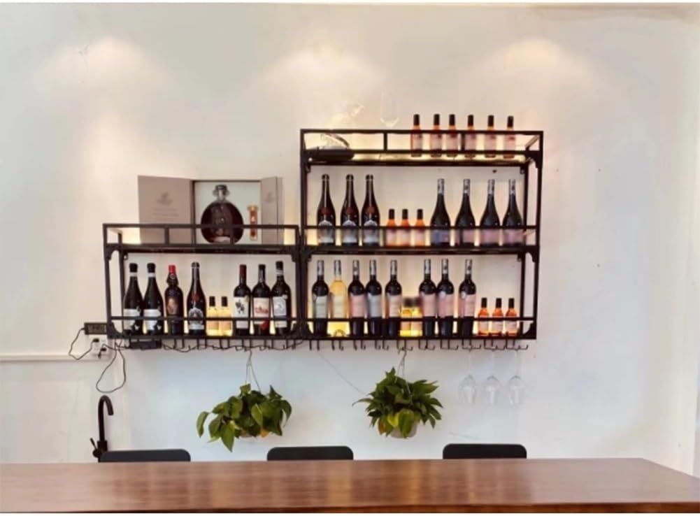 SilteD Wall-Mounted Wine Rack with LED 80x25x90cm Black Industrial Style