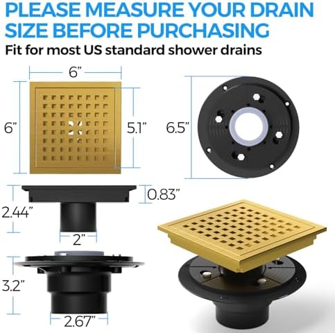 Zaa 6 Inch Square Shower Drain with Flange and Hair Strainer