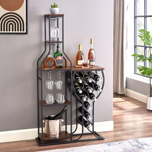 5 Tier Freestanding Wine Rack with Glasses Holder Brown