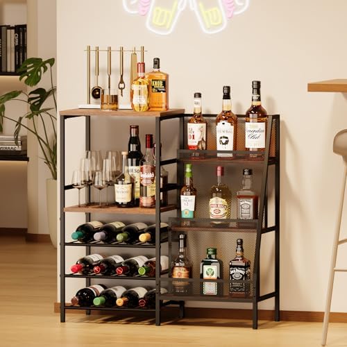 Hayexiha Freestanding 3-Tier Liquor Wine Cabinet with Fences