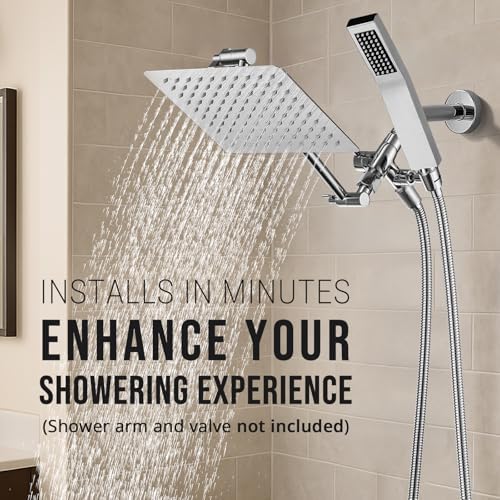 G-Promise 8 Inch Dual Square Shower Head with Handheld Combo - Chrome