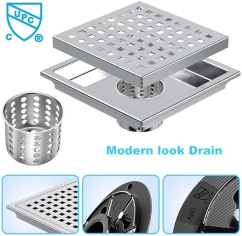 6 Inch Square Drain with Chrome Finish and Removable Cover