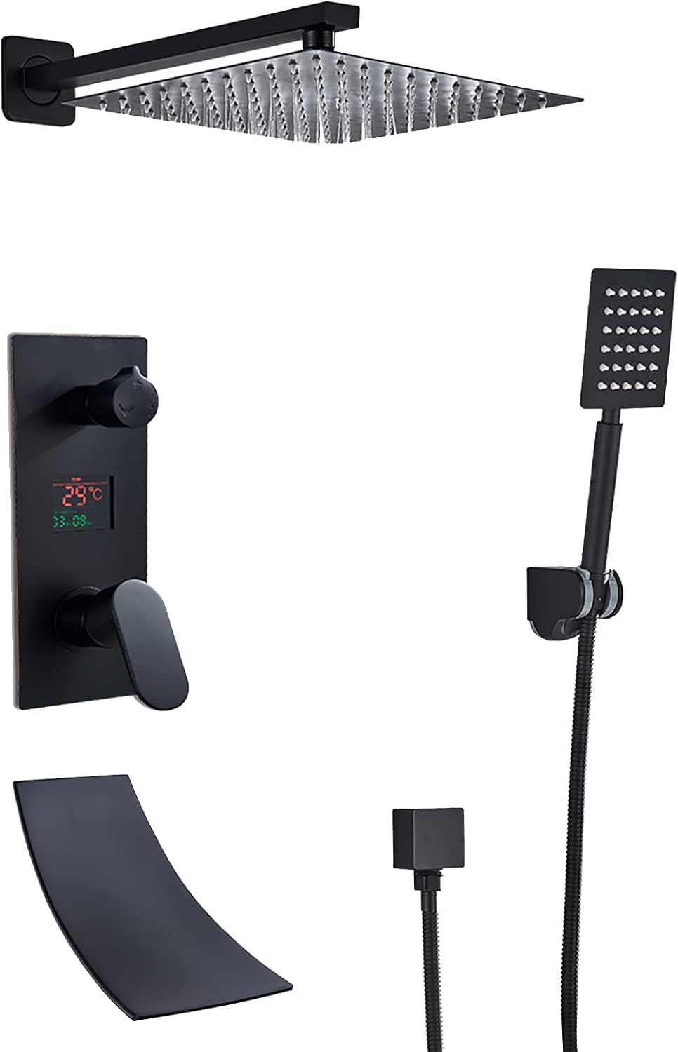 LED Digital Display Black Shower Faucet Set with Waterfall Tub Spout