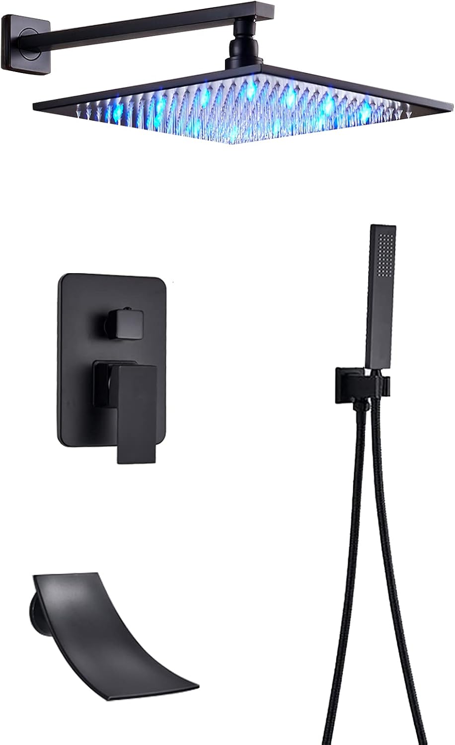 LED Shower Head Set with Waterfall Tub Spout and Handheld Shower