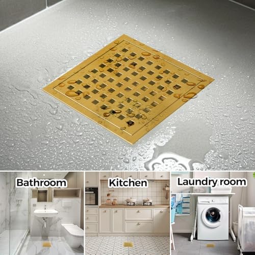 Zaa 6 Inch Square Shower Drain with Flange and Hair Strainer