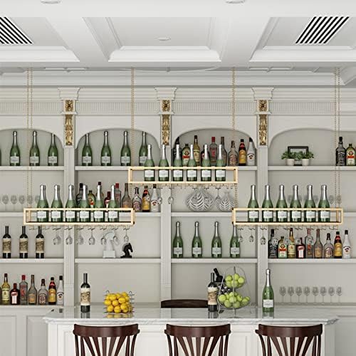 Iron Art Ceiling Wine Rack with Adjustable Chain and Glass Storage