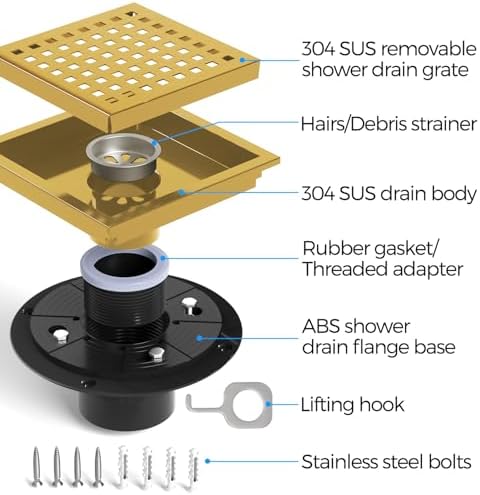 Zaa 6 Inch Square Shower Drain with Flange and Hair Strainer