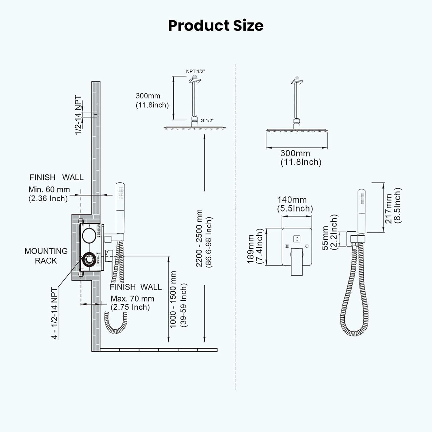 Ceiling Mount Shower Faucet with 12 Square Showerhead and Handheld