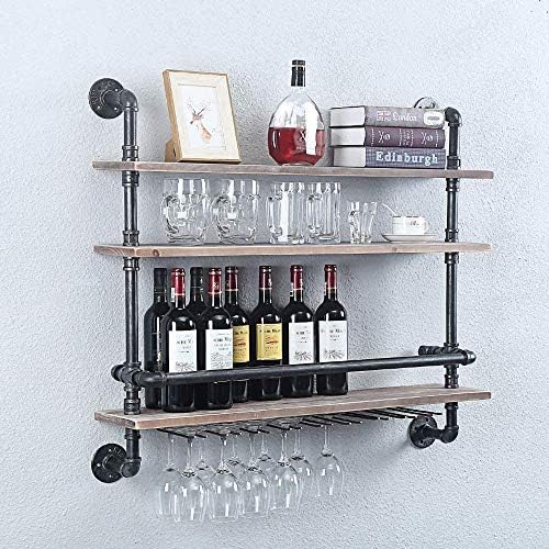Pimex Wall-Mounted 3-Layer Wine Rack with Iron Frame and Glass Holders