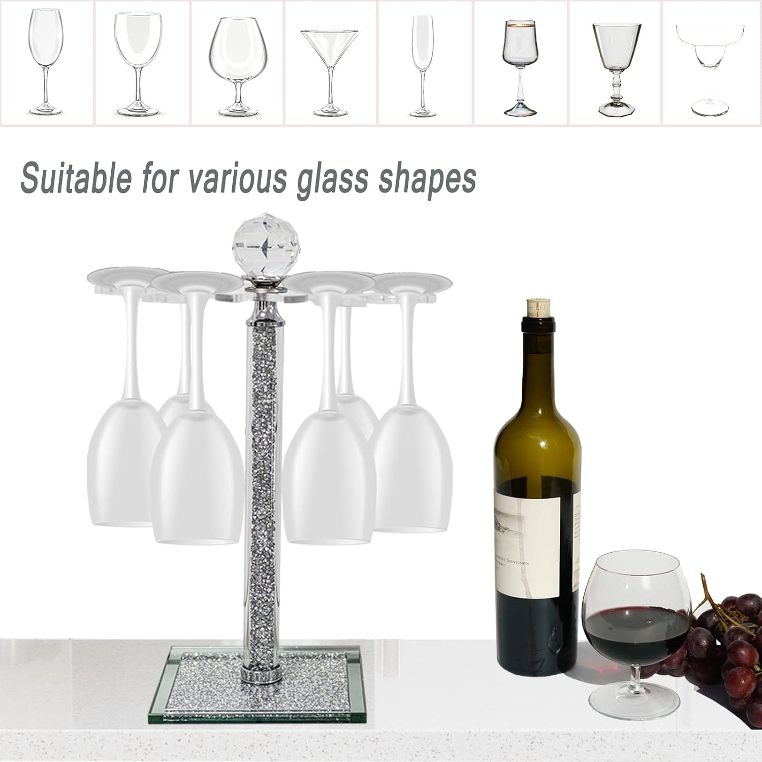 Crystal Wine Glass Holder with 6 Hooks and Crushed Diamonds