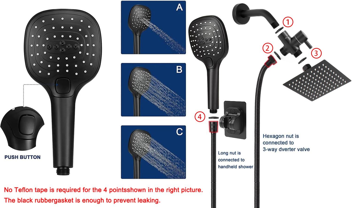 NearMoon Handheld Shower with 3 Settings and 8 Inch Matte Black Showerhead