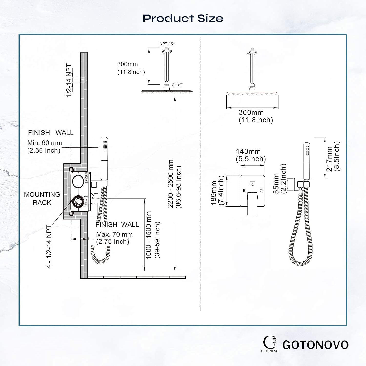 Gotonovo 12 Square Ceiling Mount Shower Faucet with 2-in-1 Handheld