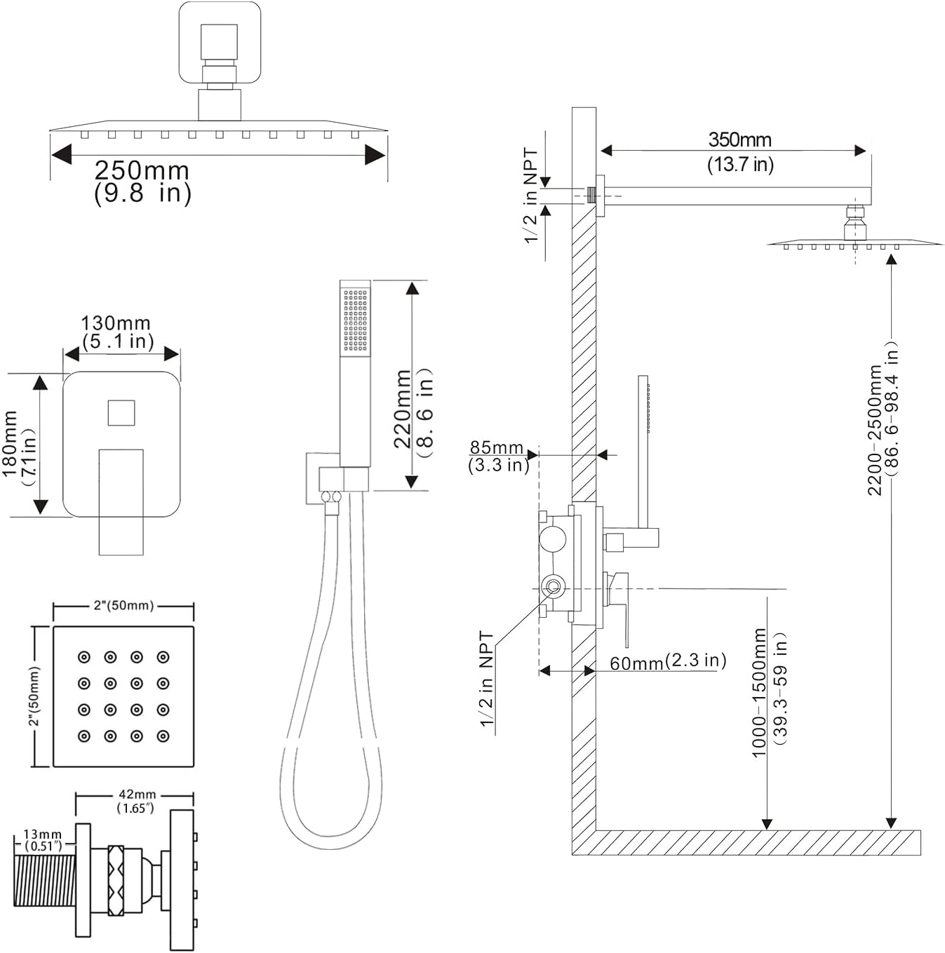 Shower Faucet Set with Body Jets Polished Chrome