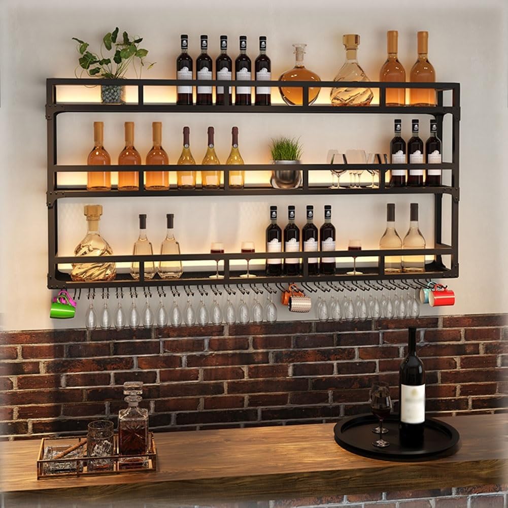 SilteD Wall-Mounted Wine Rack with LED 80x25x90cm Black Industrial Style