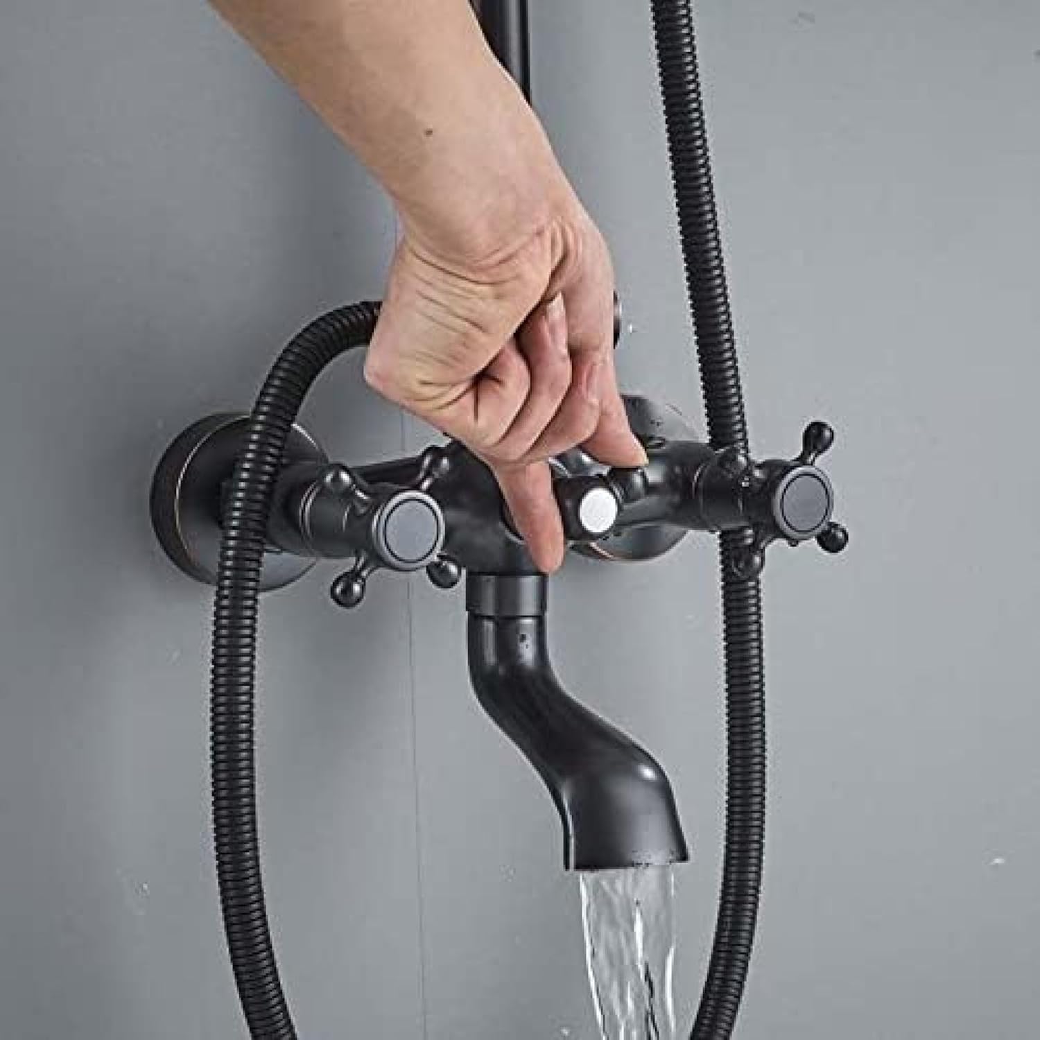 TECKI Dual Handle Bath Shower Set Black Brass 8 Rainfall System