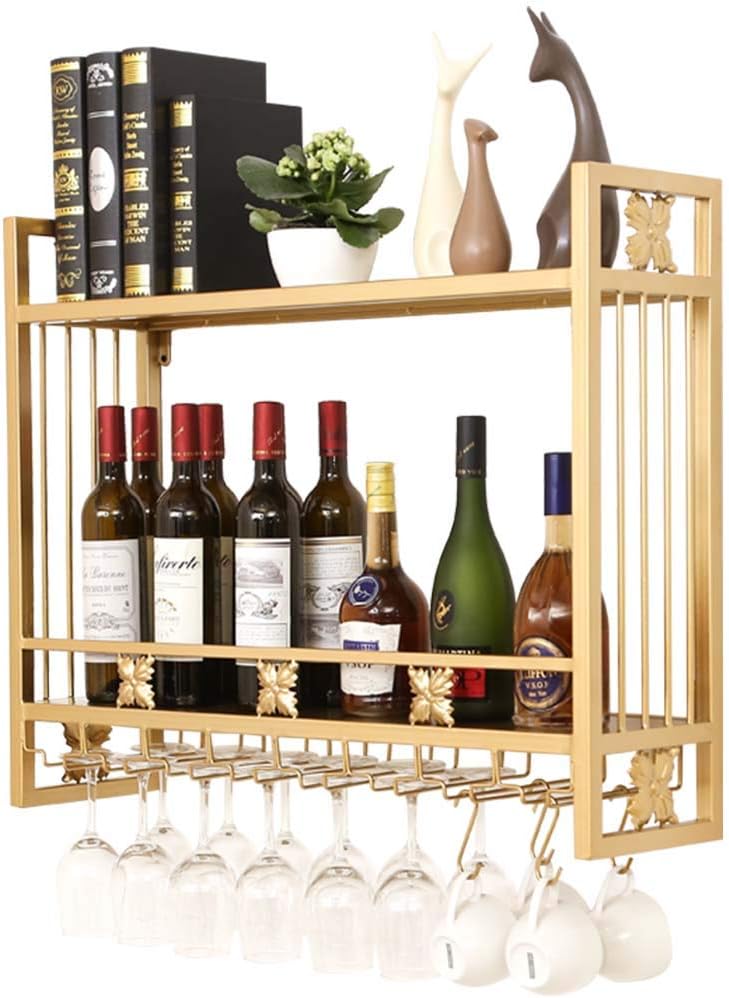 Wall-Mounted Wine Rack with Hooks and Dual Layer Storage