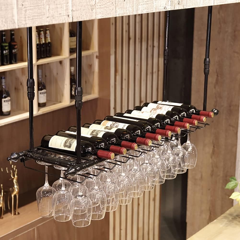 ZJDYDY Wall-Mounted Wine Rack Black Metal Frame with Adjustable Stemware Shelf