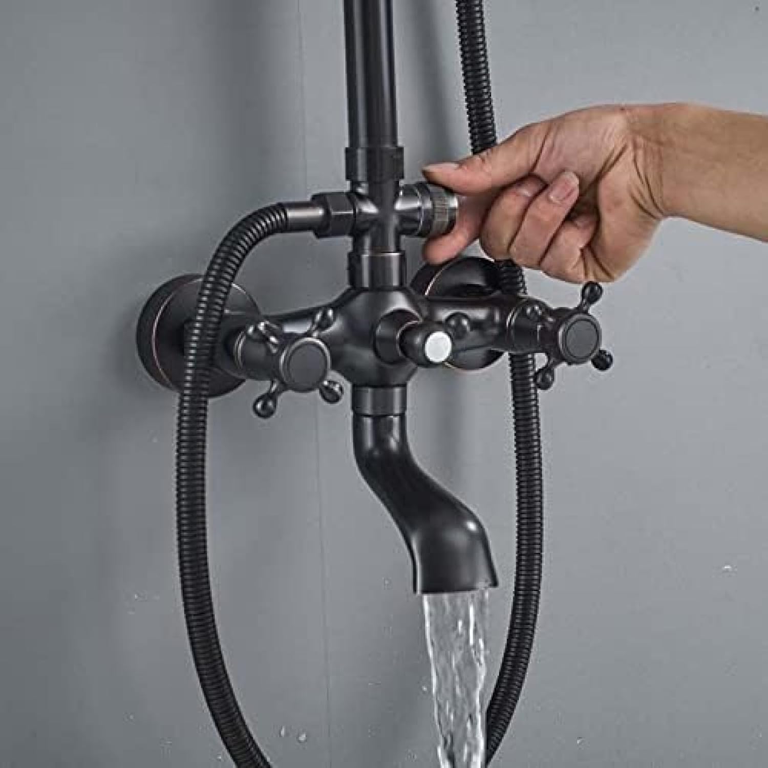 TECKI Dual Handle Bath Shower Set Black Brass 8 Rainfall System