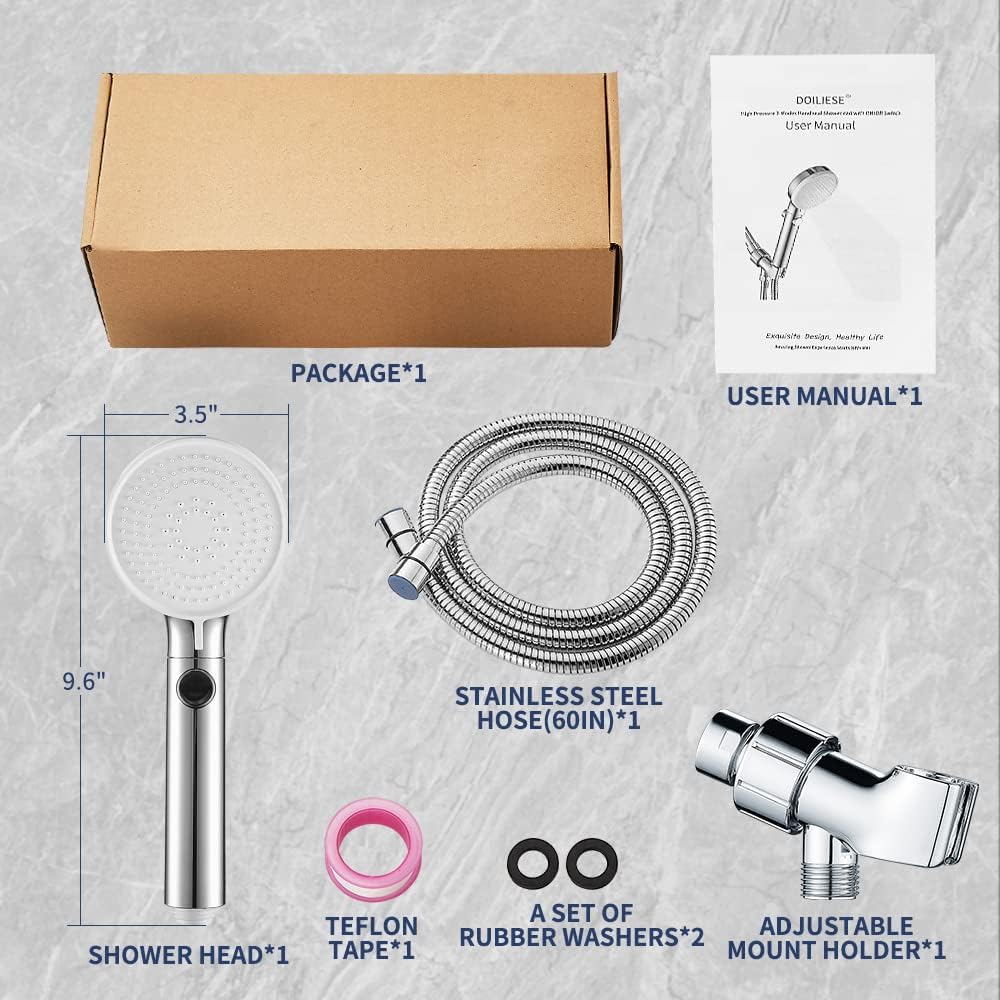 DOILIESE Handheld Showerhead with 3 Modes and 60in Hose