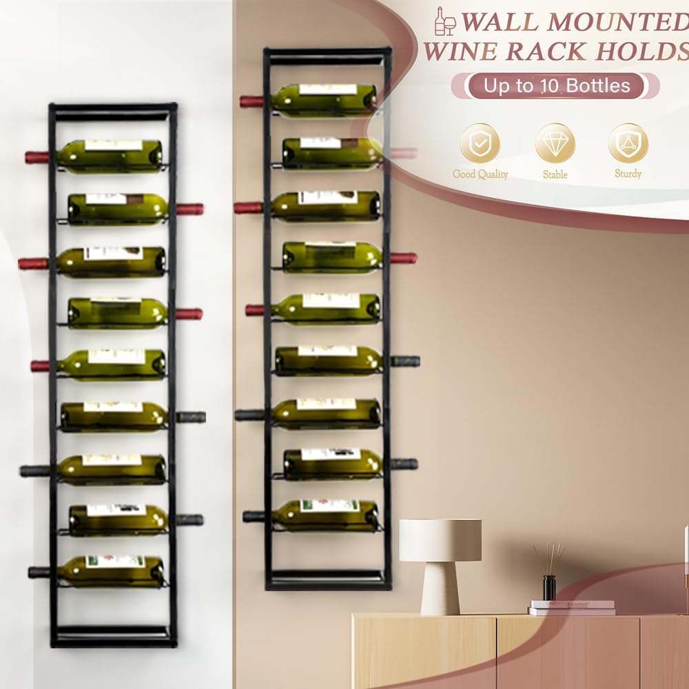 AQAREA Wall Mounted Wine Rack - 10 Bottle Metal Holder Black