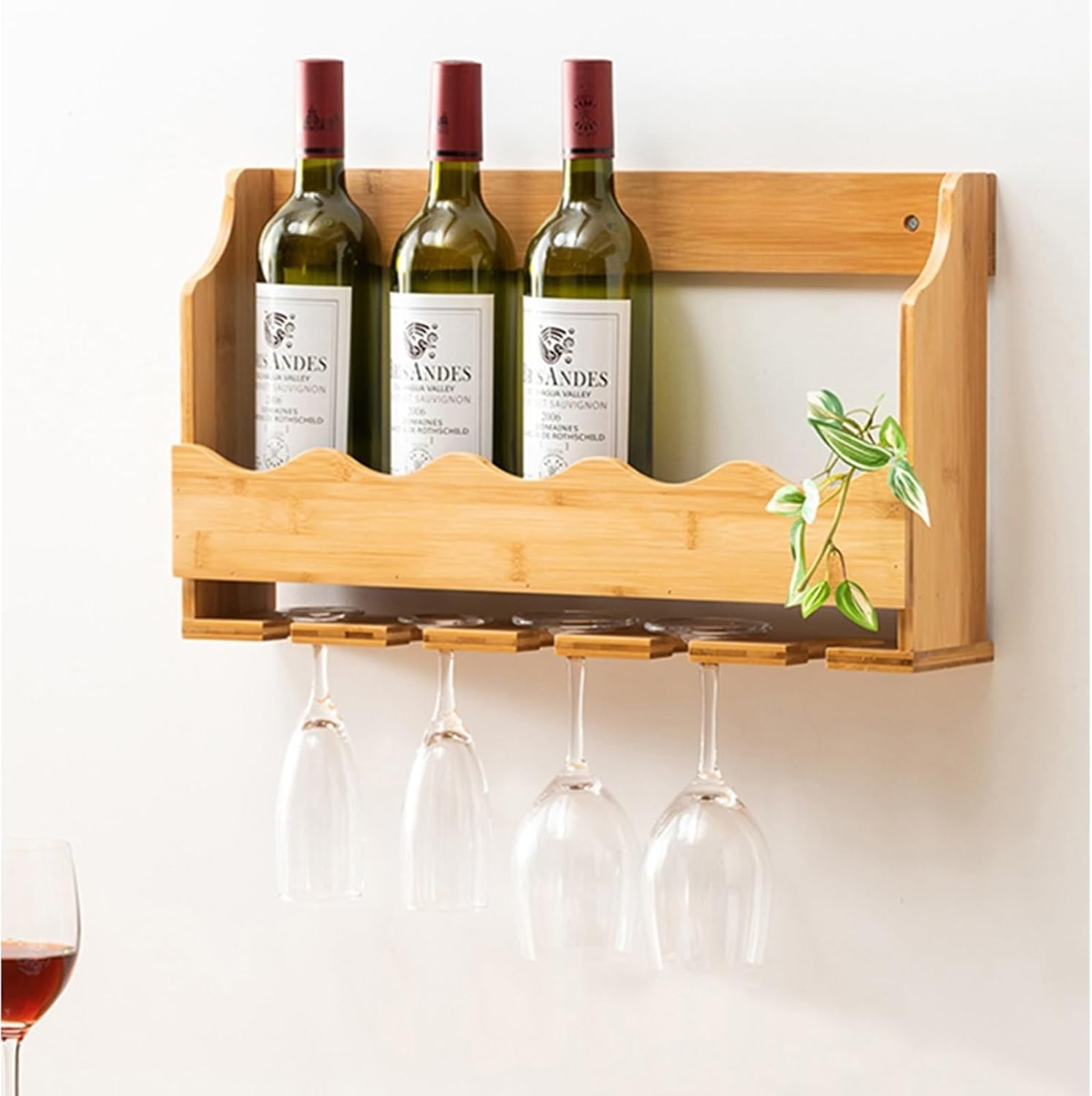 Wooden Wall-Mounted Wine Rack Display Stand with Bamboo Design
