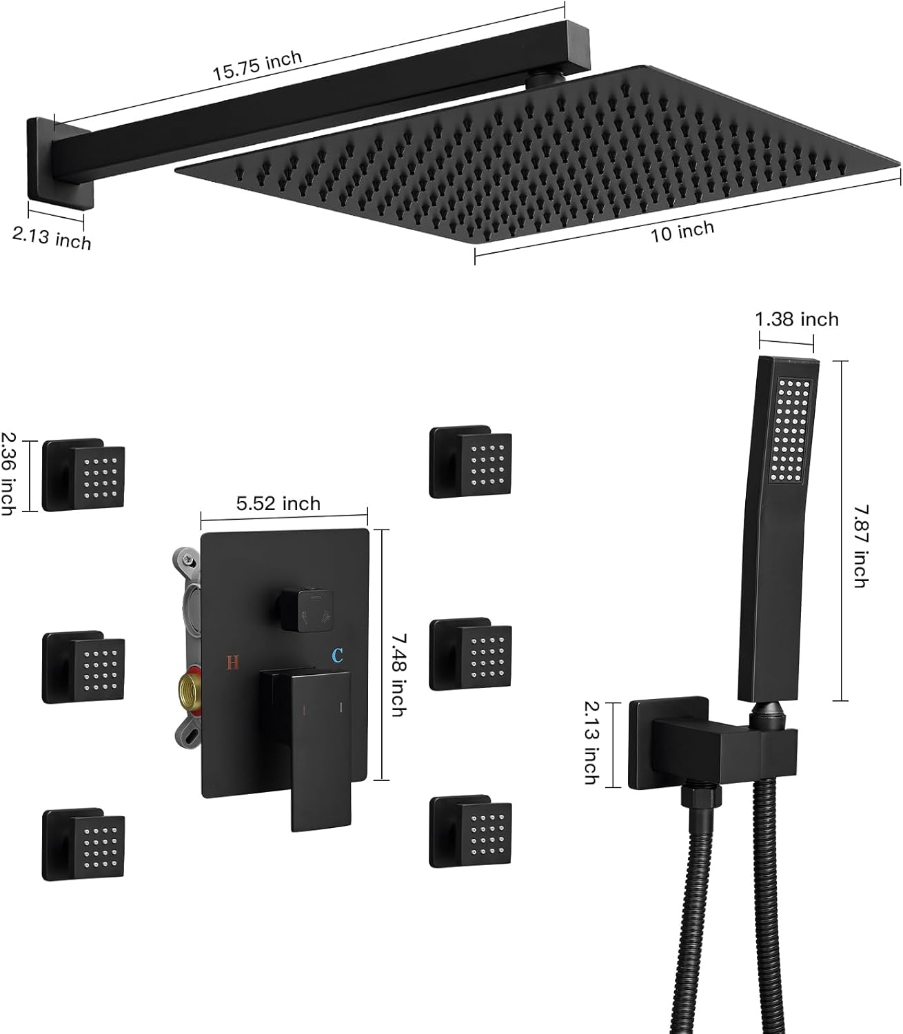 BWE Black Rain Shower System with Body Jets and Handheld Sprayer