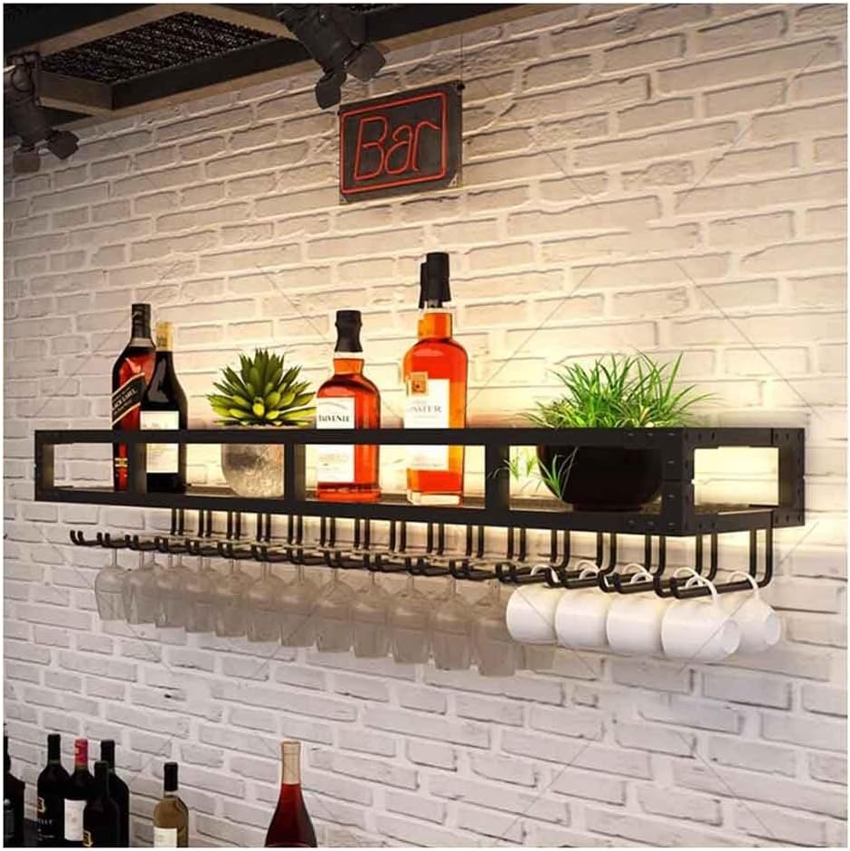 Wall Mounted Wine Rack with LED and Glass Holder - Black