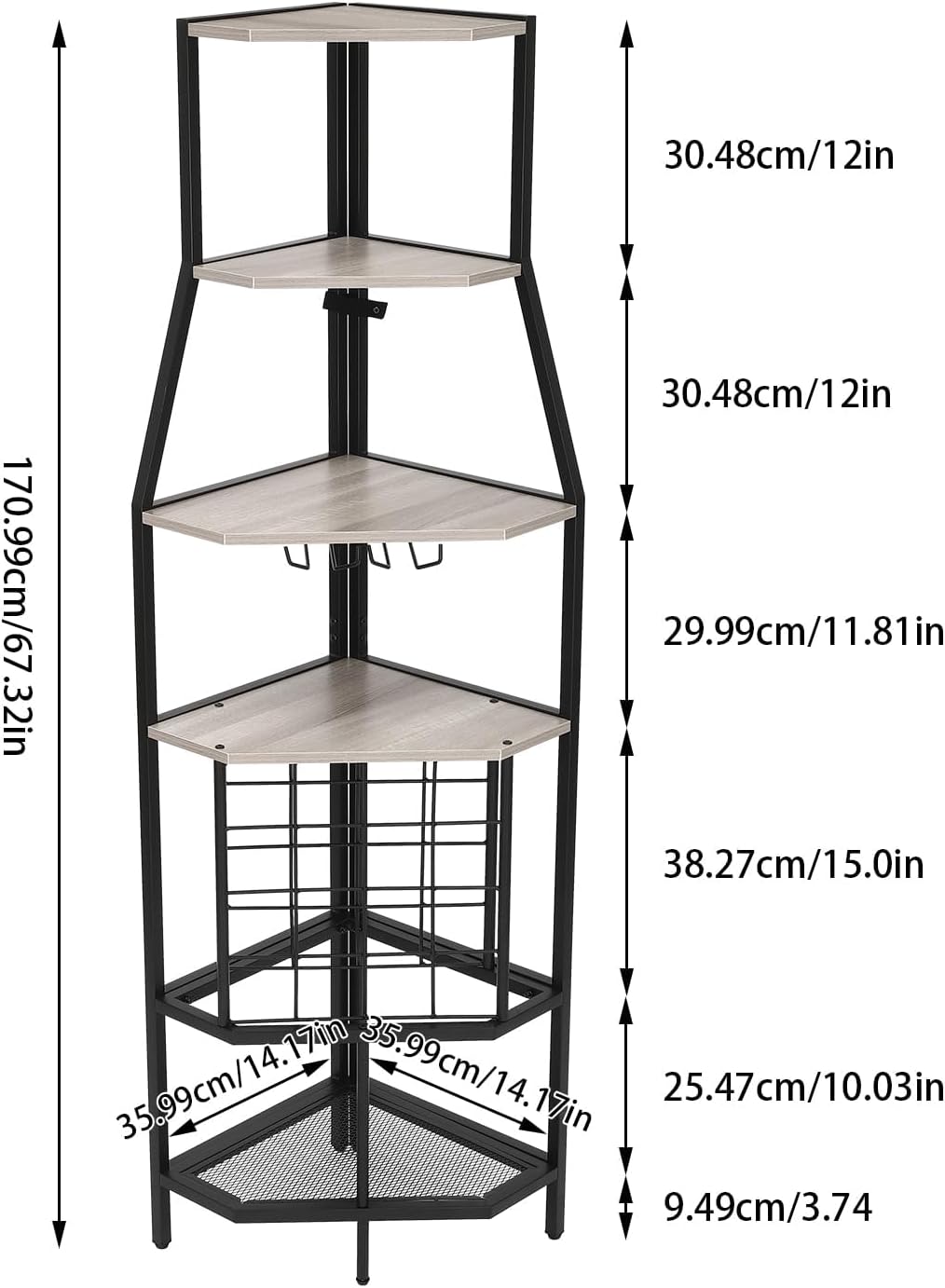 5-Tier Corner Wine Rack with Glass Holders Grey