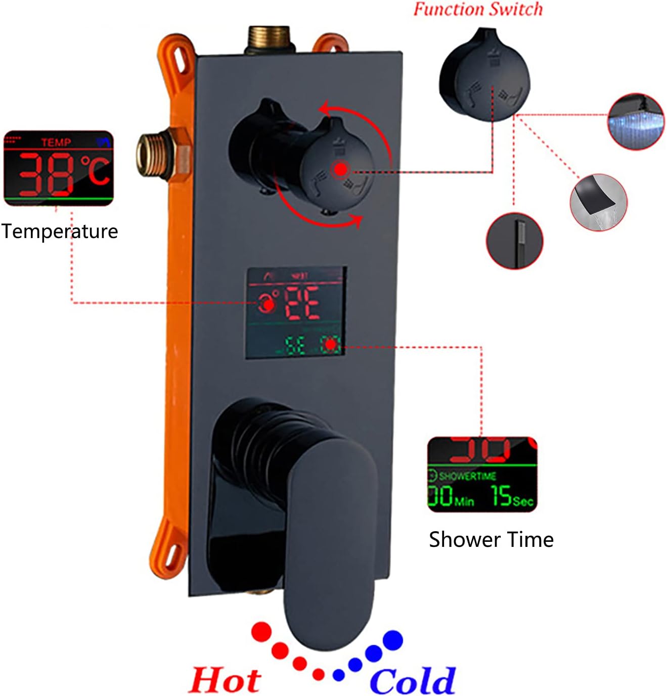 LED Digital Display Black Shower Faucet Set with Waterfall Tub Spout