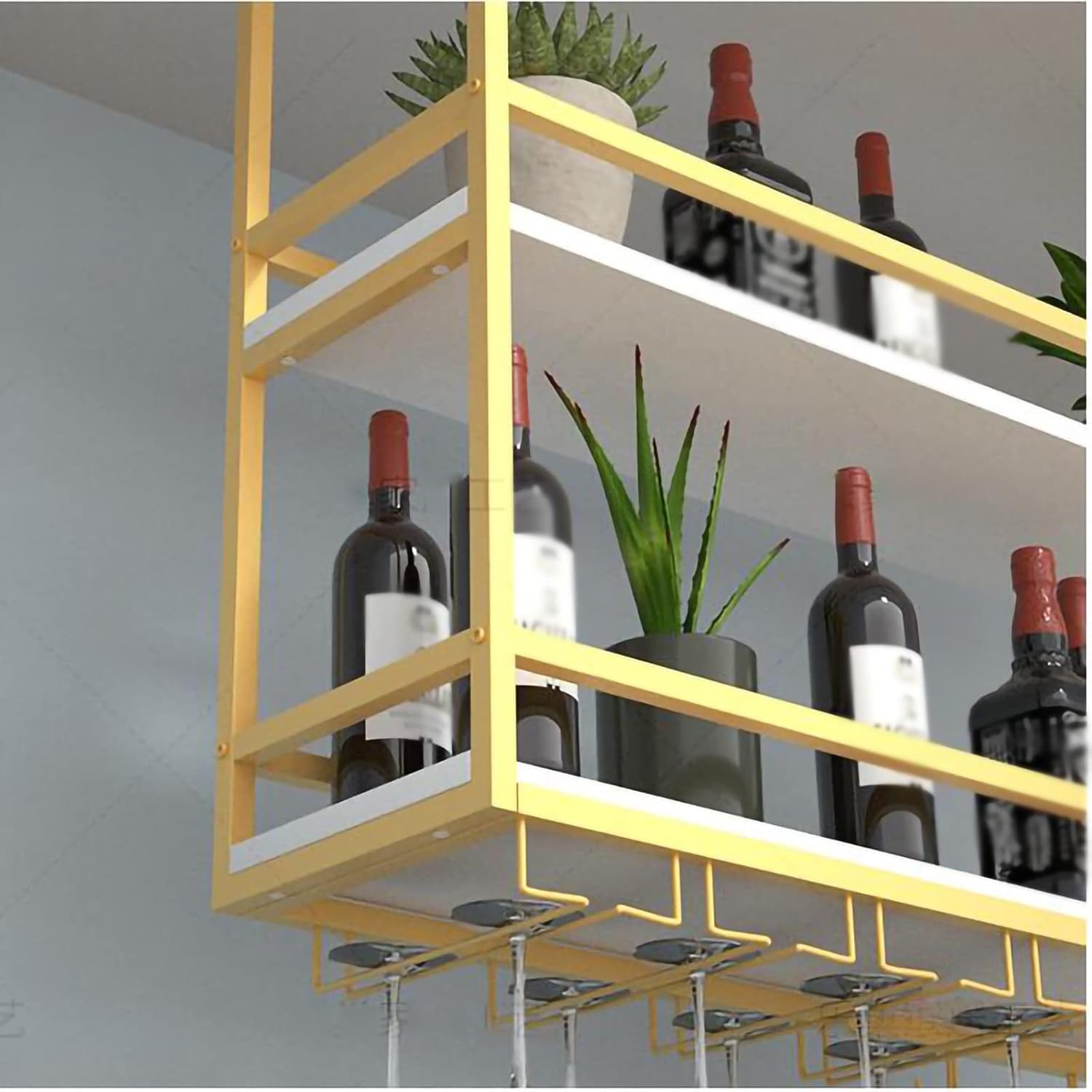 ZJDYDY 2 Tier Ceiling Wine Rack with Stemware Holder and Guard Rail