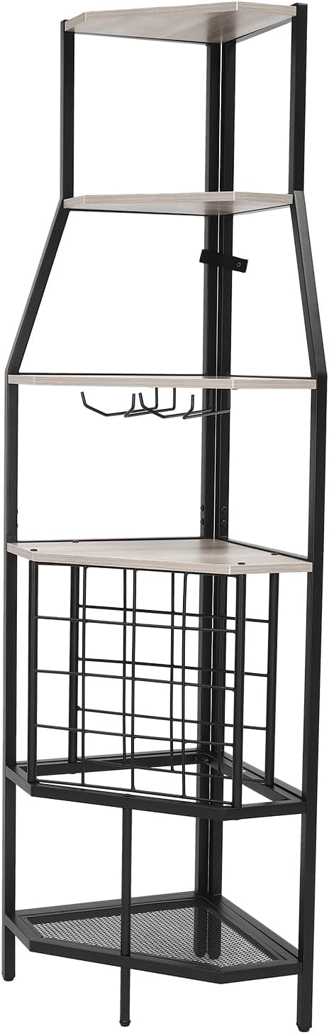 5-Tier Corner Wine Rack with Glass Holders Grey