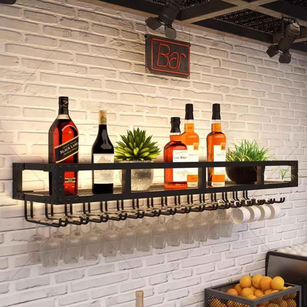 Wall Mounted Wine Rack with LED and Glass Holder - Black