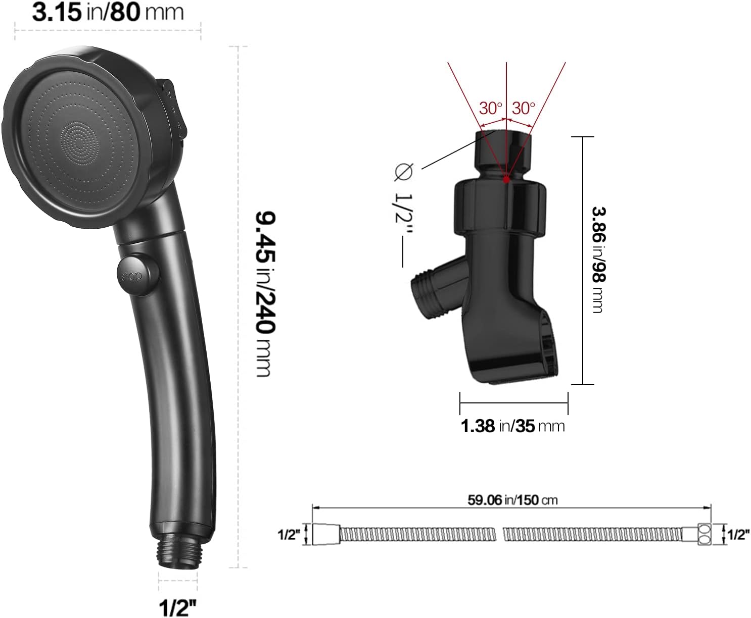 KAIYING Handheld Shower Head with 3 Spray Modes and ONOFF Switch Black