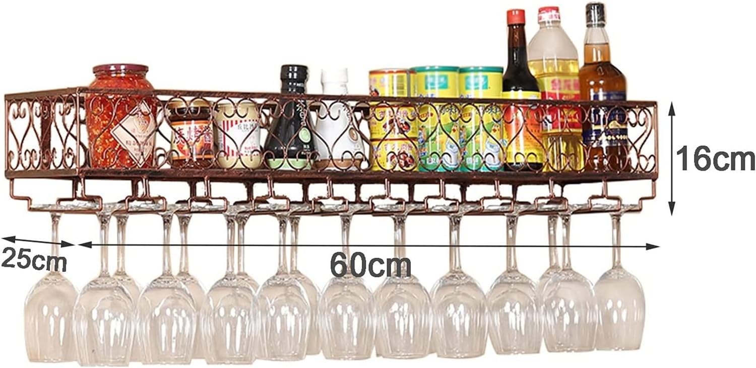 ALDEPO Wall Mounted Wine Rack with Glass Holder Rustic Metal Design 60x25x16CM Bronze