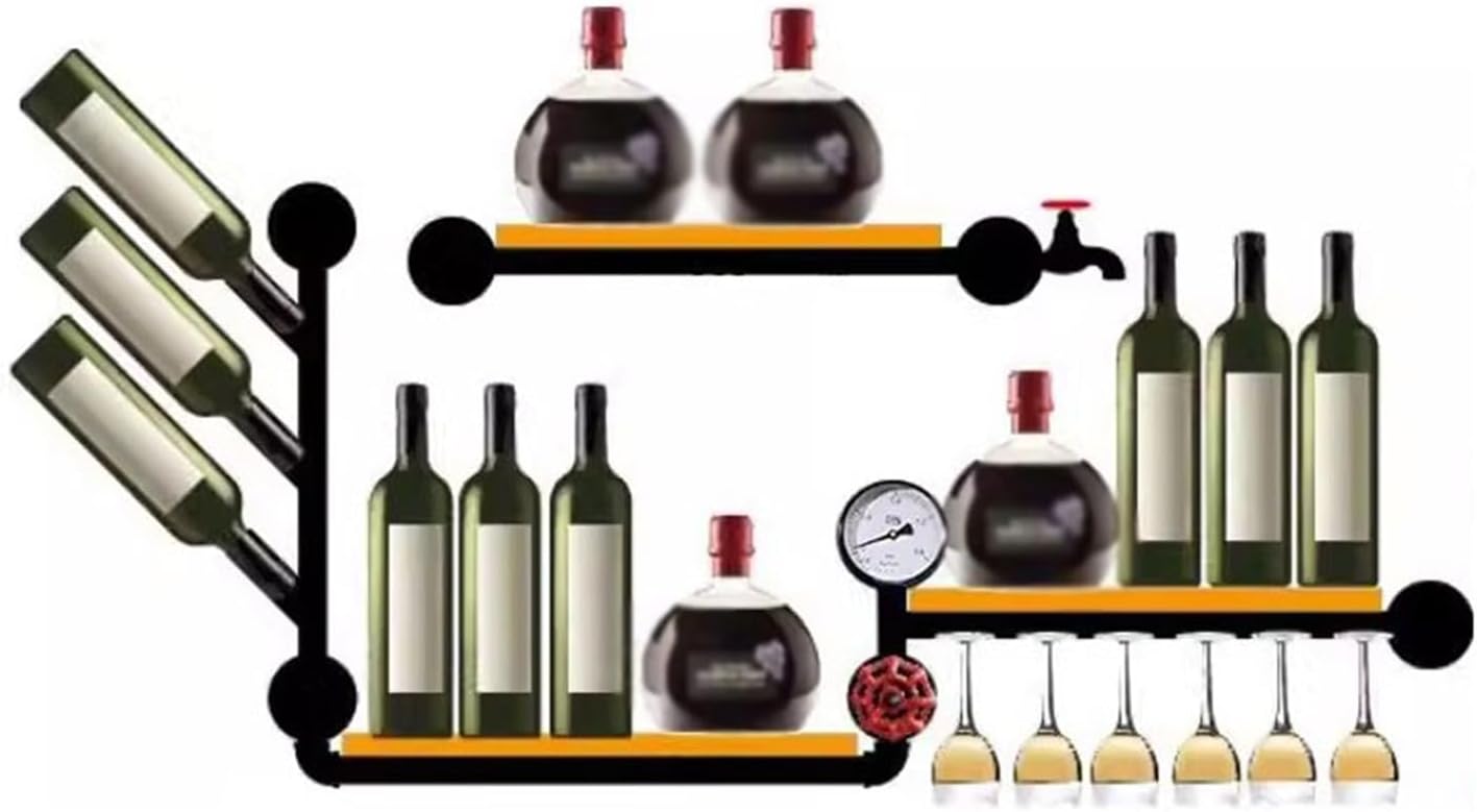 Industrial Style Wall-Mounted Wine Racks with Iron Pipe and Solid Wood
