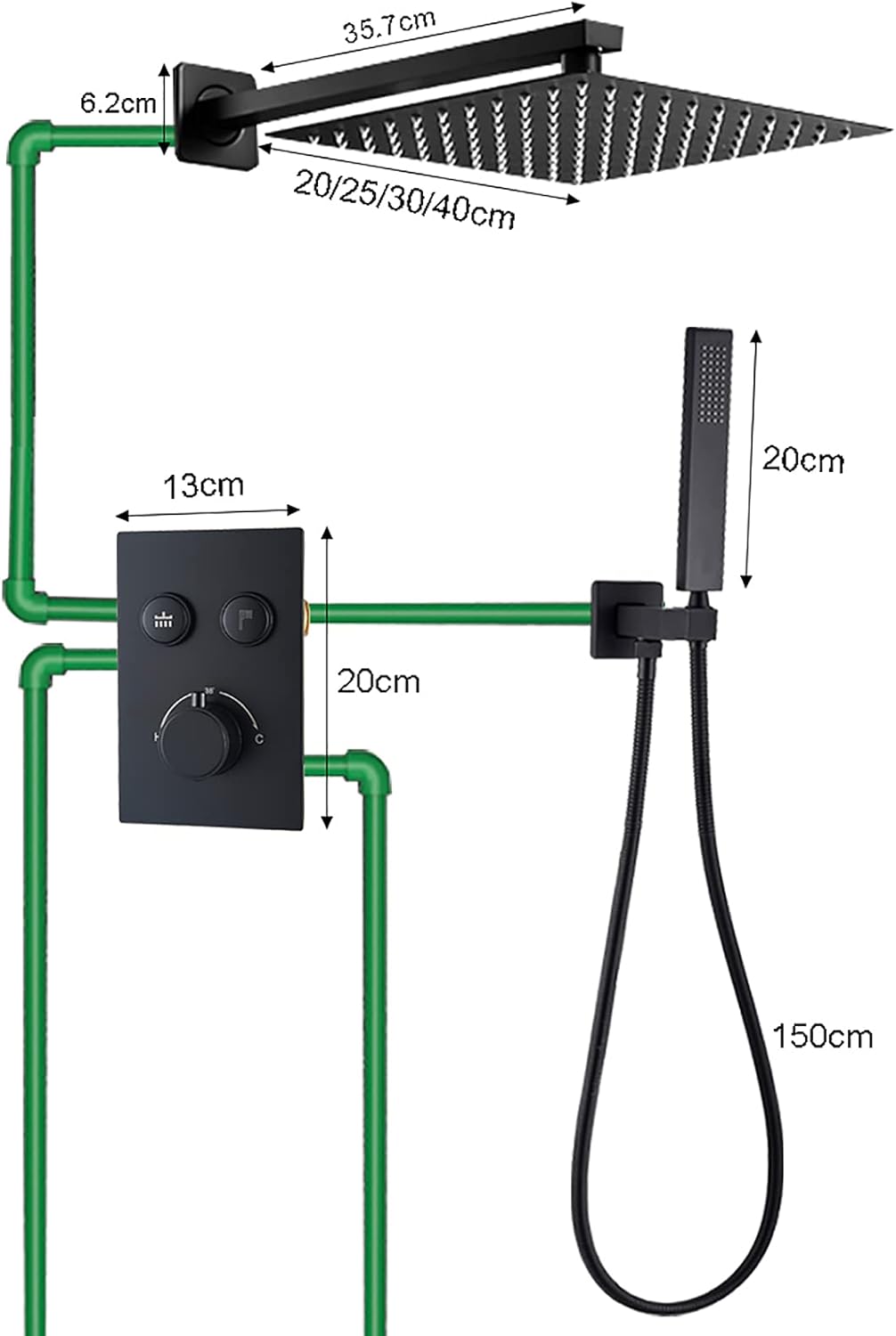 Black Rain Shower System with Brass Thermostatic Faucet Set