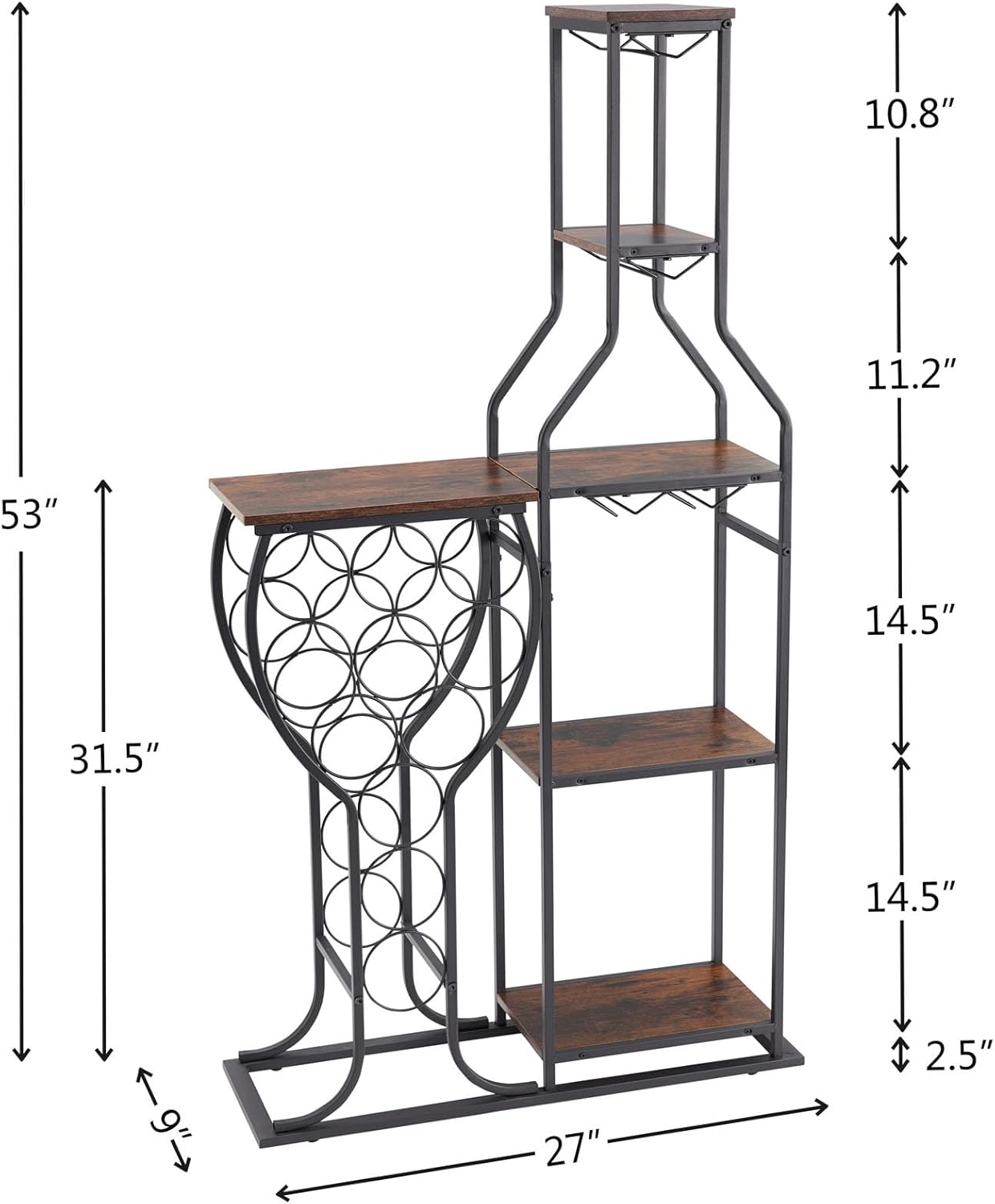 5 Tier Freestanding Wine Rack with Glasses Holder Brown