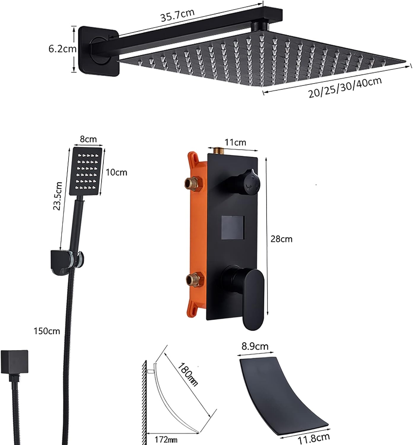 LED Digital Display Black Shower Faucet Set with Waterfall Tub Spout