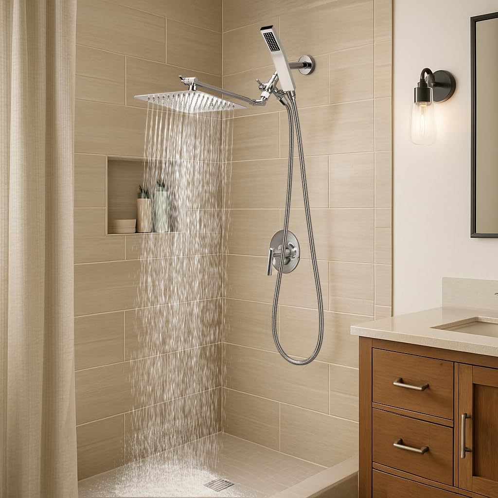 G-Promise 8 Inch Dual Square Shower Head with Handheld Combo - Chrome