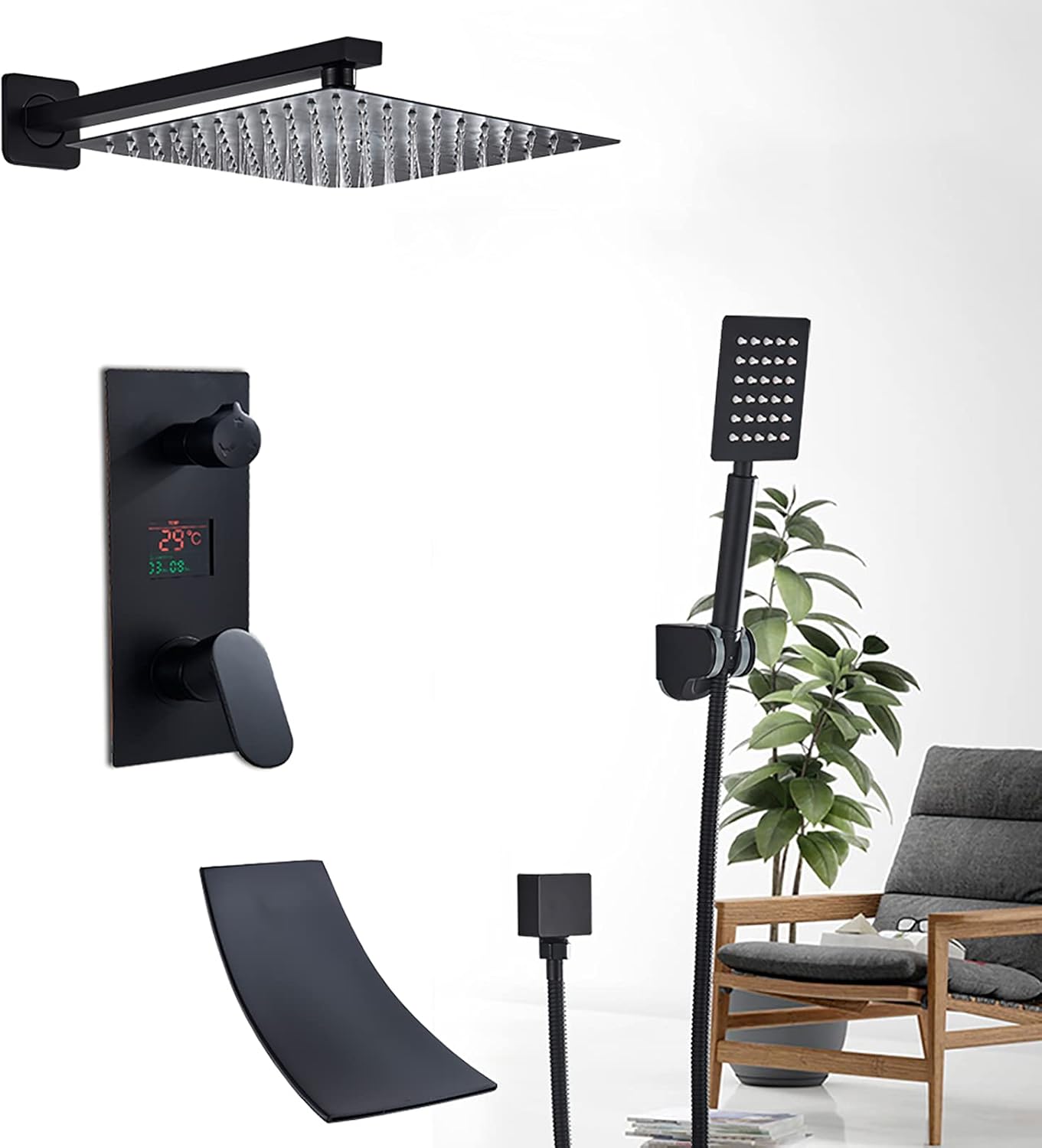 LED Digital Display Black Shower Faucet Set with Waterfall Tub Spout