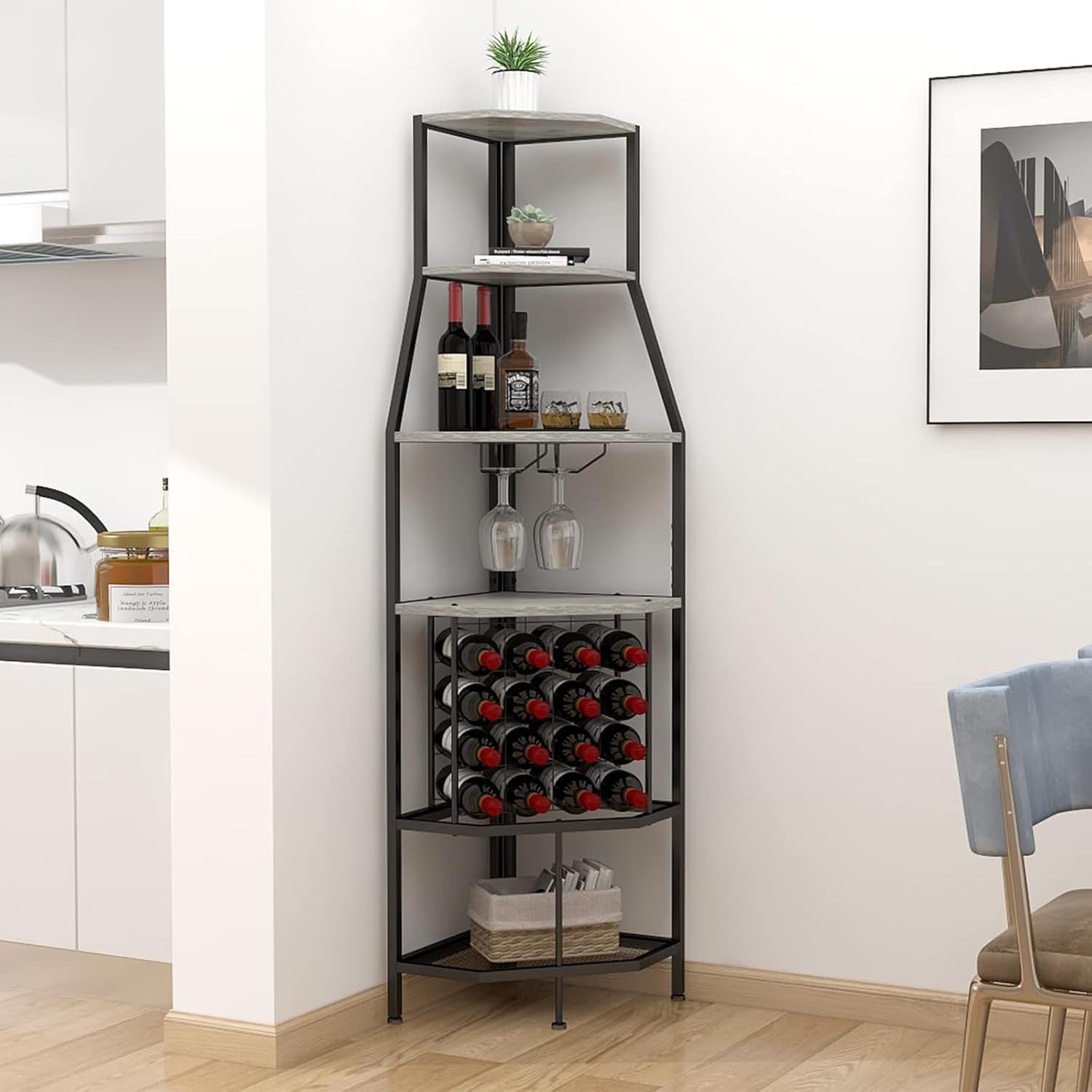 5-Tier Corner Wine Rack with Glass Holders Grey