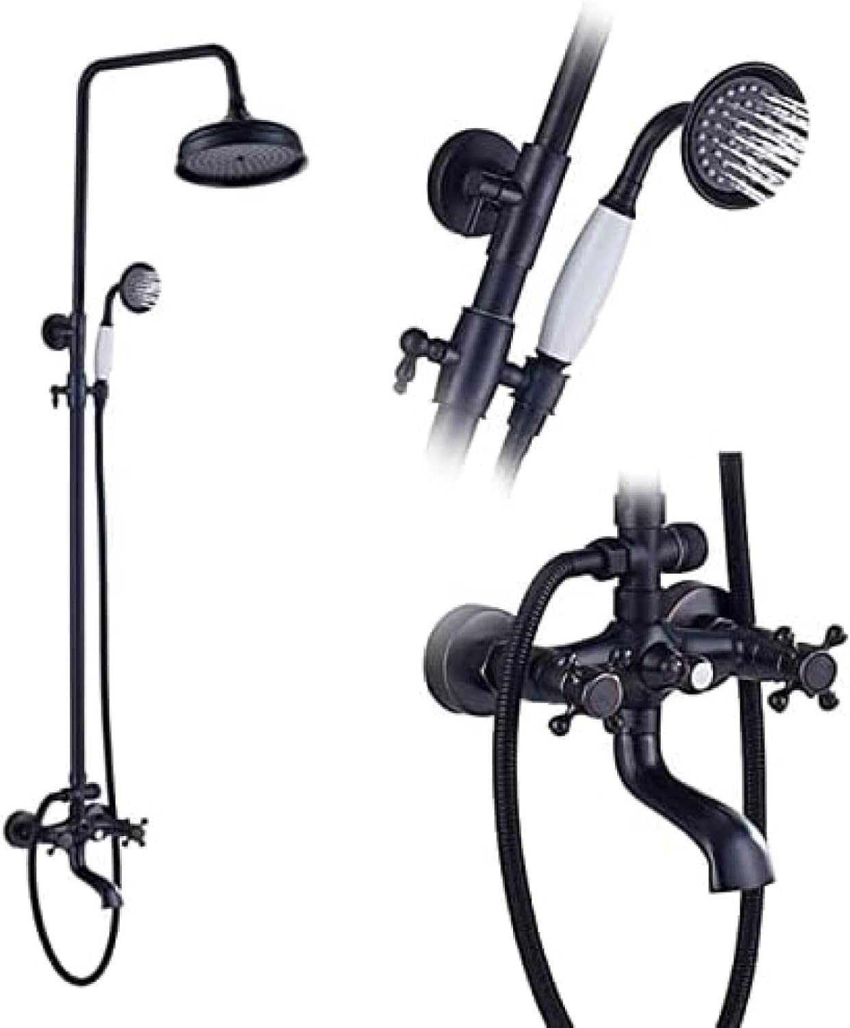 TECKI Dual Handle Bath Shower Set with Black Brass 8 Showerhead and Handshower