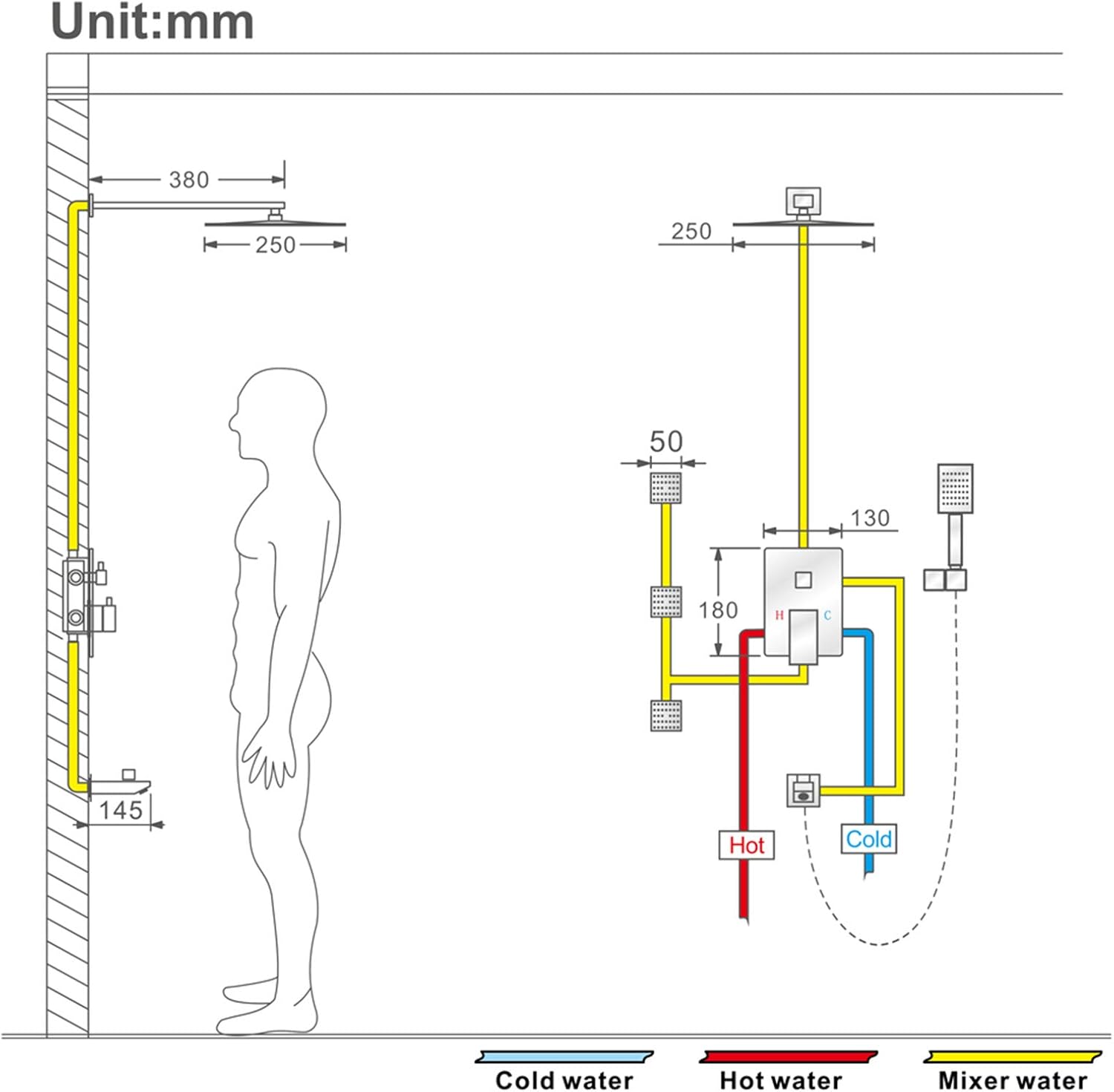 Rain Shower System with 10 Inch Square Head and Body Jets