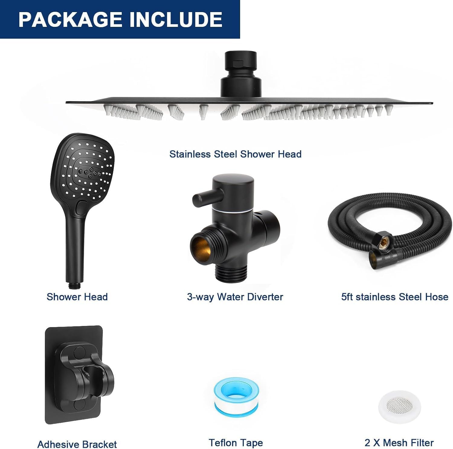NearMoon Handheld Shower with 3 Settings and 8 Inch Matte Black Showerhead