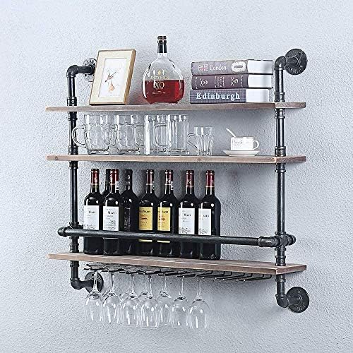 Pimex Wall-Mounted 3-Layer Wine Rack with Iron Frame and Glass Holders