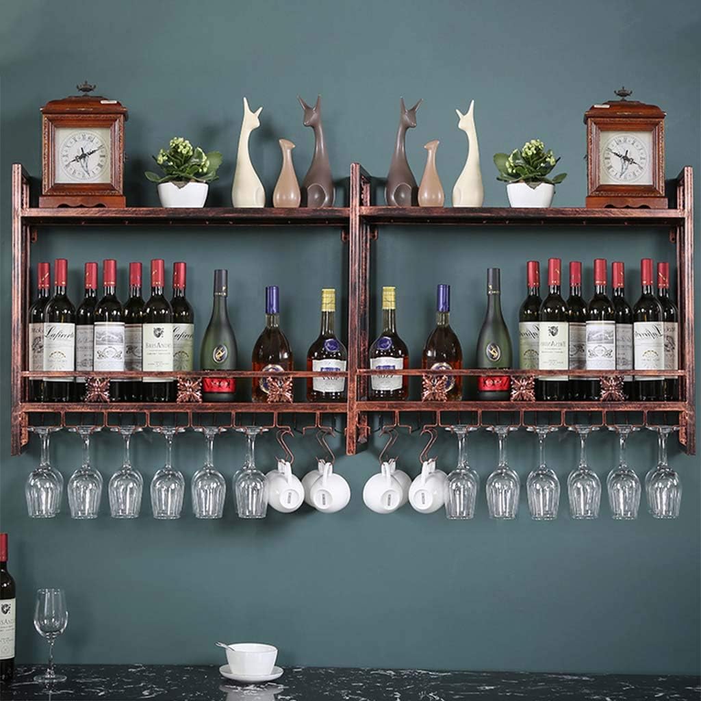 Wall-Mounted Wine Rack with Hooks and Dual Layer Storage